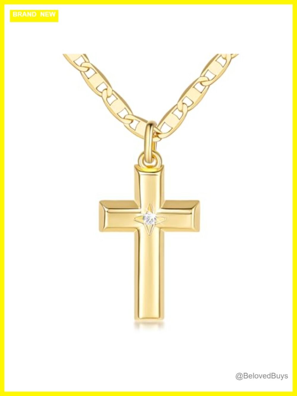 14k Gold Plated Cross Necklace CZ Pendant 48cm Mariner Chain